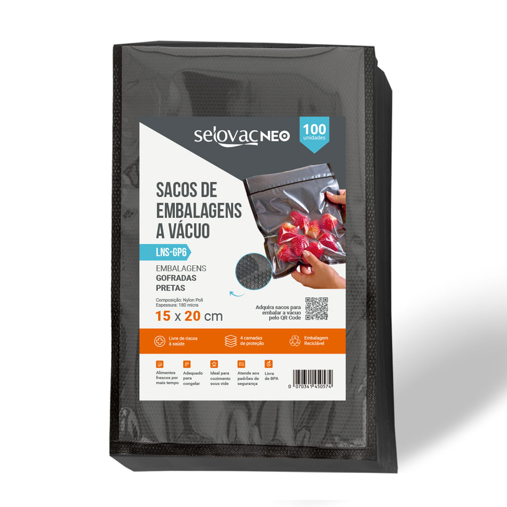 Embalagens para Vácuo Gofrada Preta e Transparente 15 x 20 cm Pacote c/100 Unidades - Selovac