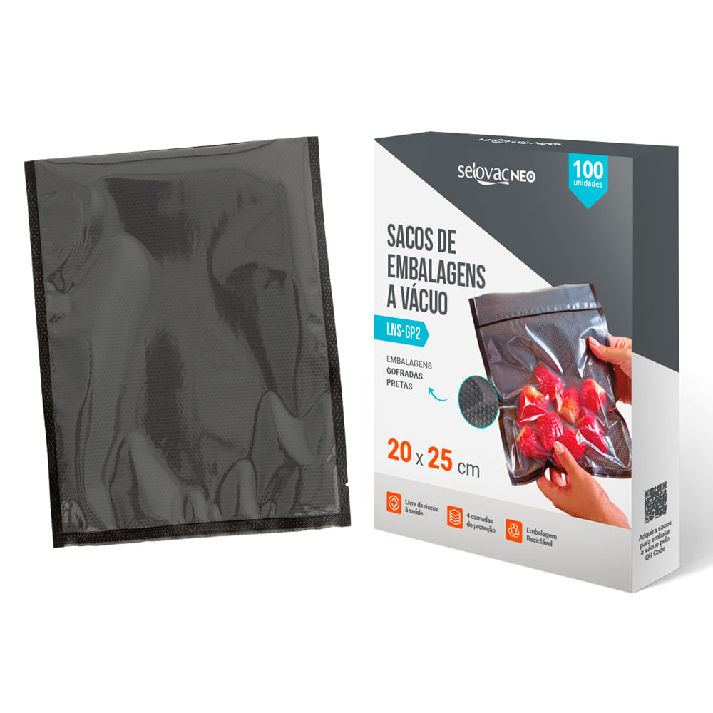 Embalagens para Vácuo Preta e Transparente Gofrada 20x25 cm Caixa c/100 Unidades - Selovac