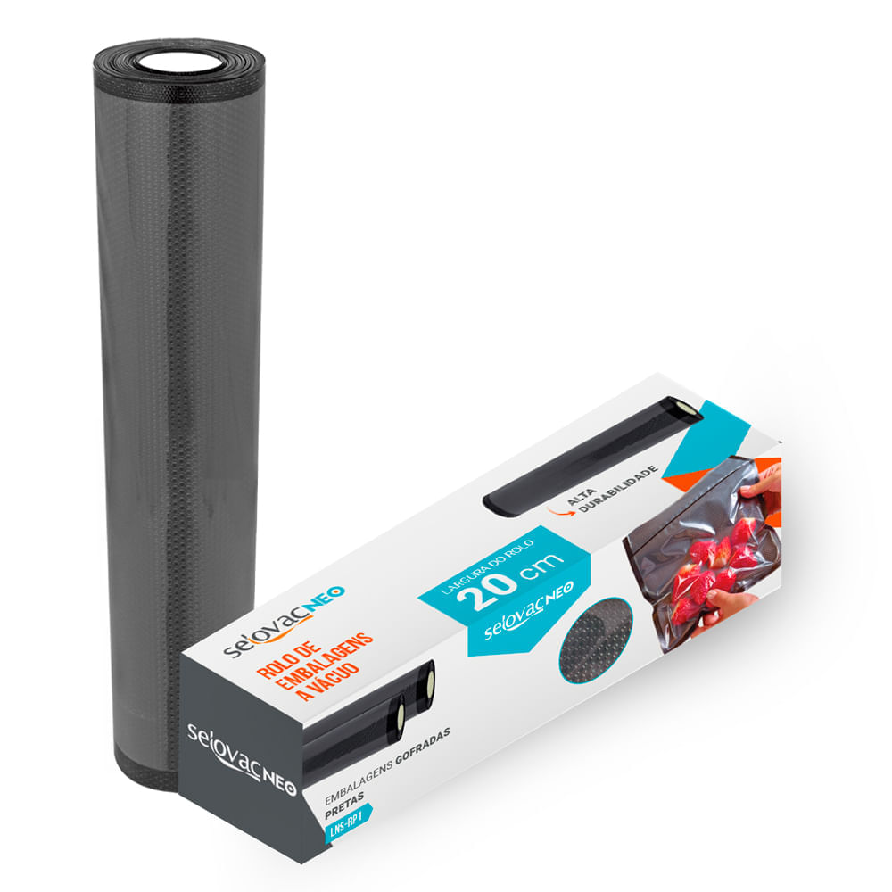 Embalagem para Vácuo em Rolo Gofrado Preta e Transparente 20 cm x 5 m Caixa - Selovac